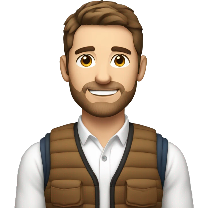 a white 30 year old man with brown hair and stubble in a gilet - now add a tick emoji in the bottom corner emoji