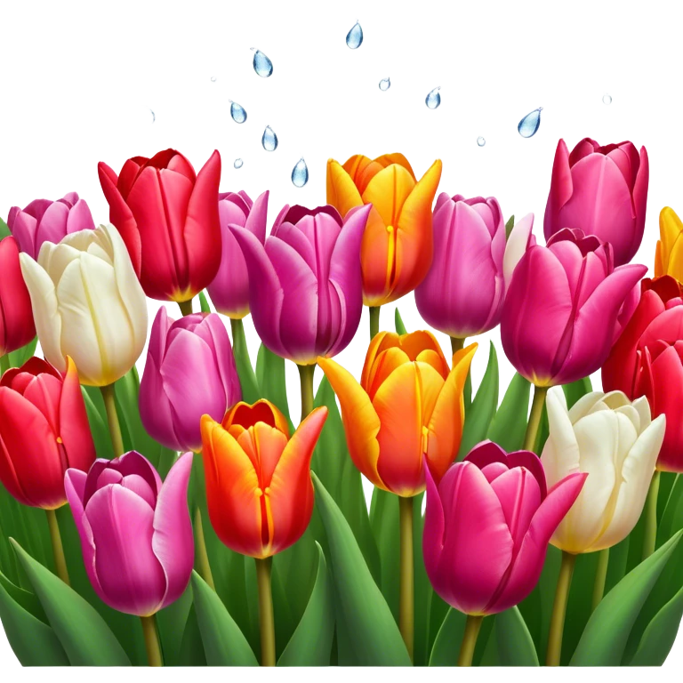 Tulips – Cinematic Realistic Tulips, depicted as a vibrant field of blooming tulips in brilliant hues, each delicate petal catching dewdrops under soft, natural spring light, rendered with detailed textures and a dreamy, picturesque glow. emoji
