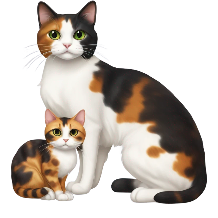 caliby-and-white cat with white paws and green eyes, next to a skinny dark tortoiseshell cat with orange eyes and a cream colored marking above its mouth emoji