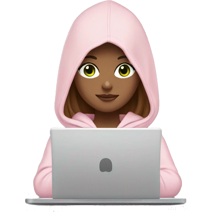 a girl with brown long hair, light beige skin, green eyes, is working relaxed at a modern laptop in a monochrome pale pink zip hoodie with a hood and a pink monochrome T-shirt emoji