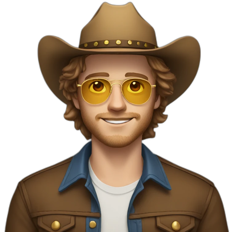 Realistic white man with golden glasses, blue eyes, and brown hair,20 years old, no bear, with a cowboy hat emoji