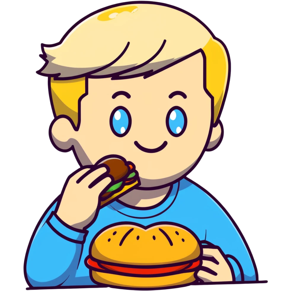 Blonde man with white skin and blue eyes eating a McDonald's hamburger, LGBT pride symbol emoji