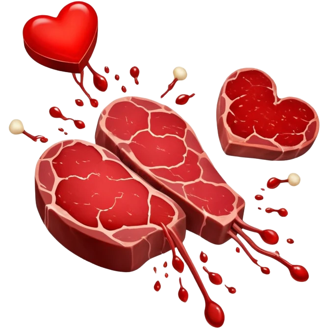 Ethereal red steaks, liver, and dark meat cuts floating alongside a glowing bone marrow. They transform into bright red blood cells that flow toward a heart at the center. The heart pulses with energy that radiates throughout a silhouette of a body, illustrating how heme iron creates vitality. emoji