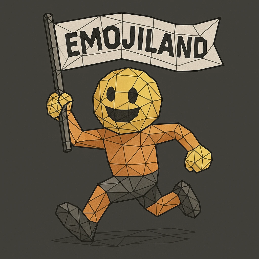 happy runner waving a flag that says 'emojiland' emoji