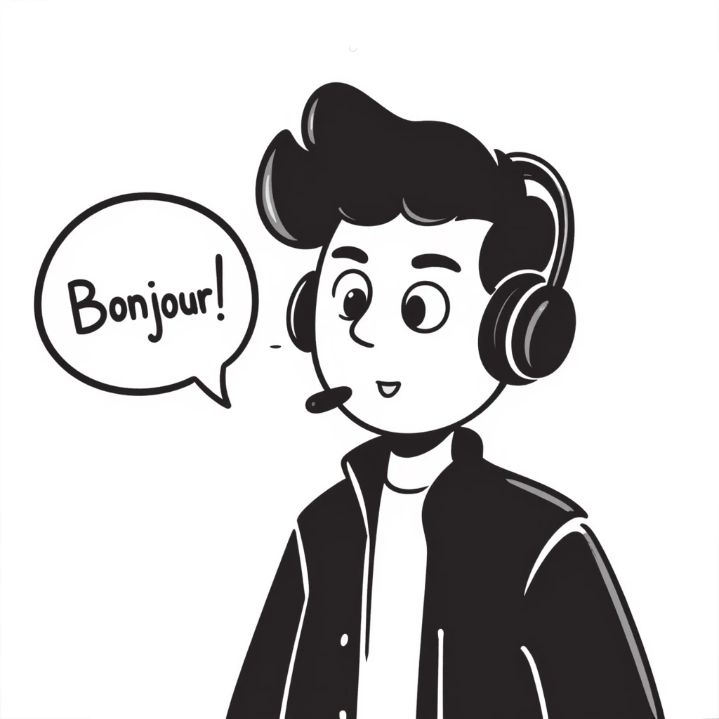Highly detailed anime-style male character saying "Bonjour!", with styled black hair, expressive brown eyes, defined black beard, wearing detailed gaming headphones, anime art style with line work emoji