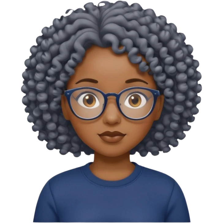 Black girl with curls and glasses, navy blue shirt, grey sweats emoji