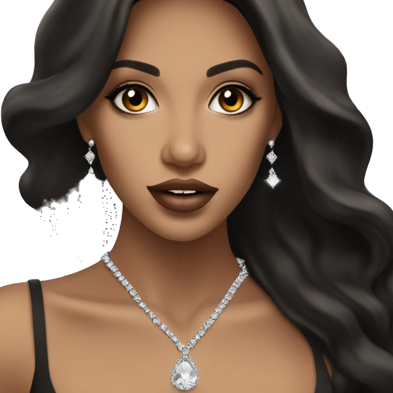 beautiful brunette girl with smooth skin long black hair beige lipstick wearing low neck black dress with a diamond necklace emoji