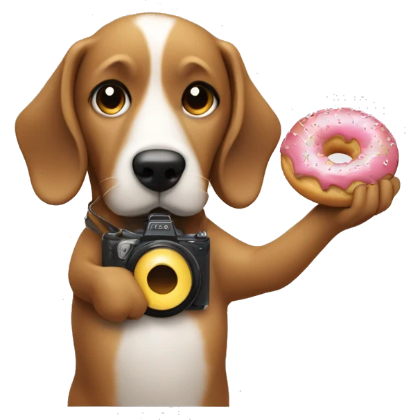 The dog holds a donut and a camera in his hand  emoji