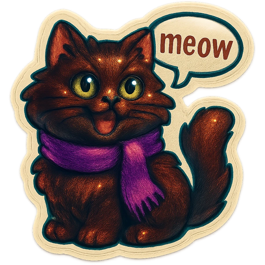 Fluffy meowing cute dark-brown cat with green eyes and a purple scarf saying ‘meow’ (with a speech bubble) emoji