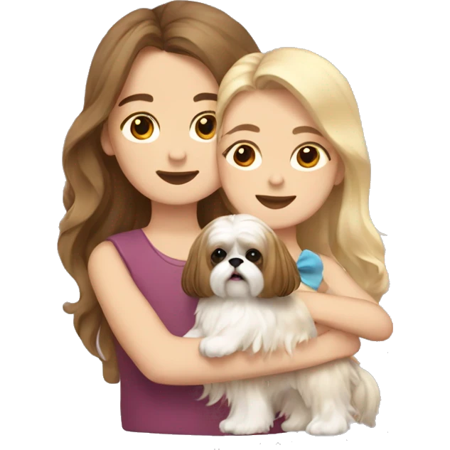 a girl with long wavy brown hair hugging a Shih Tzu with blonde fur and a cute bow emoji