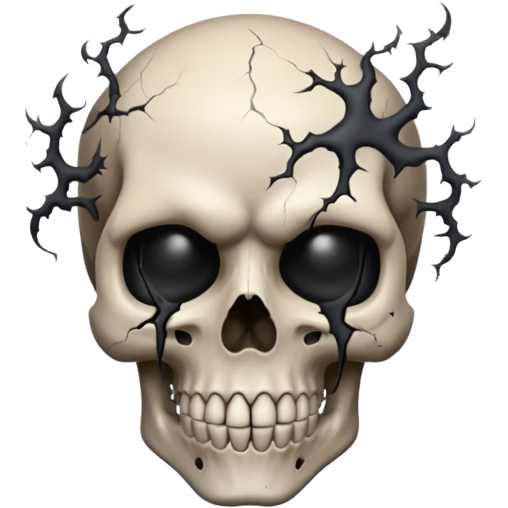 iOS style emoji, dark fantasy skull, cracks, black smoke from eyes, soft light, stylized emoji