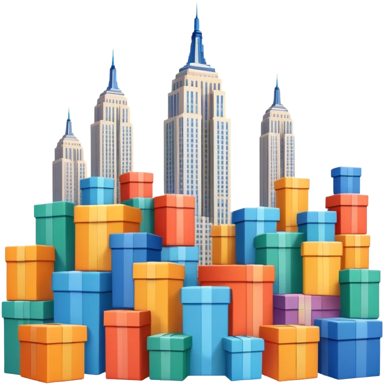 Empire State Building with boxes stacked in creative patterns, some boxes flying, lively emoji