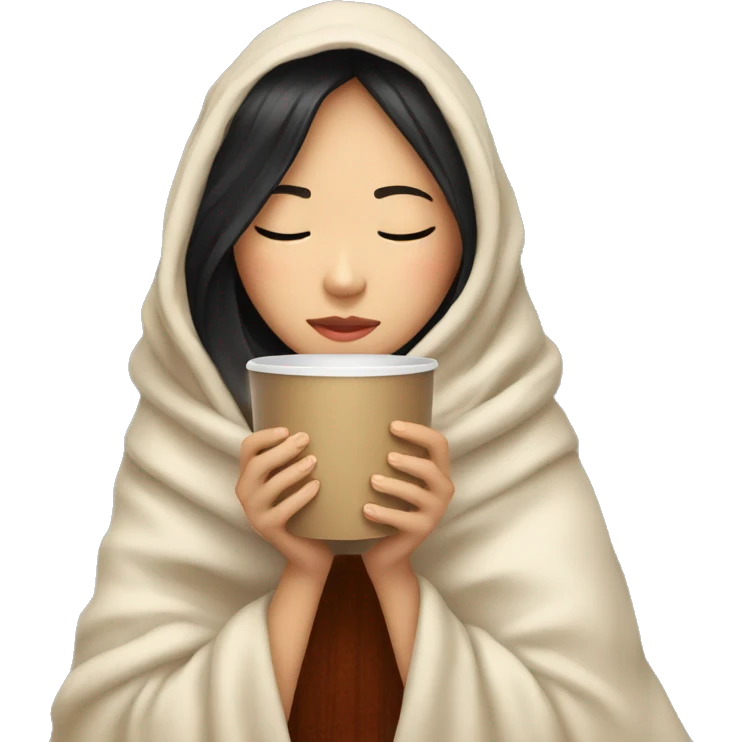 asian girl inside a blanket sipping coffee eyes closed emoji