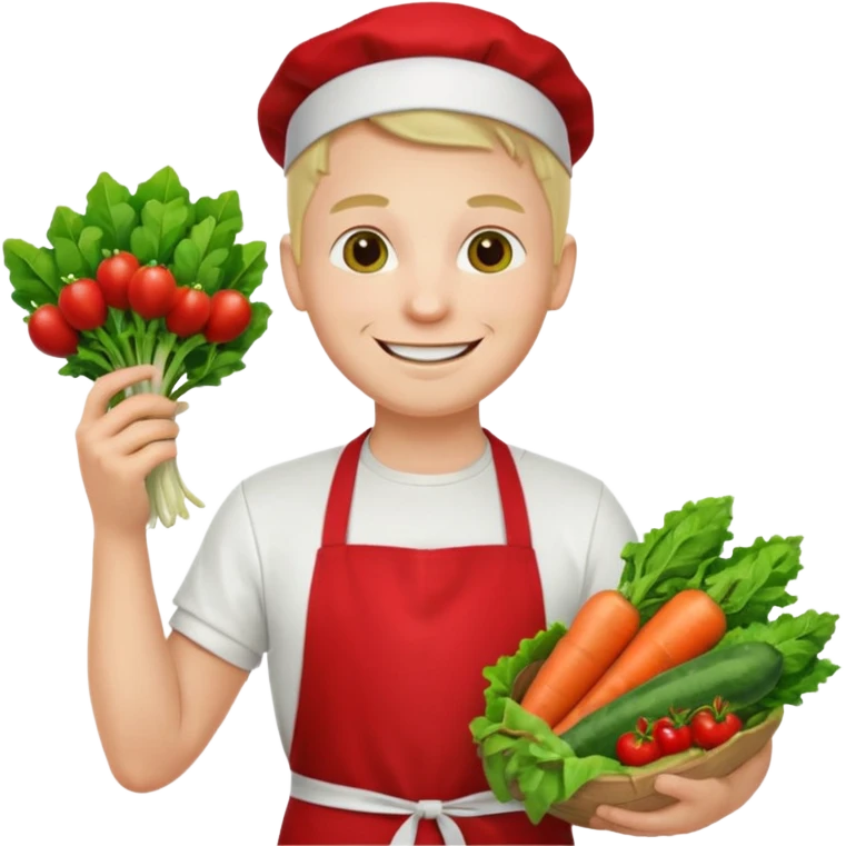 guy white t-shirt red apron smiling with vegetables emoji