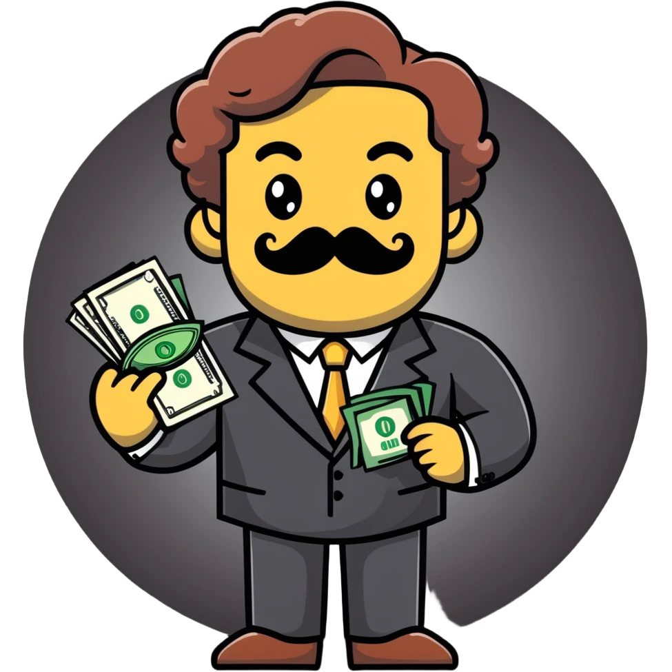 Finance broker with enormous curly mustache, business suit, dollar sign eyes, holding money emoji