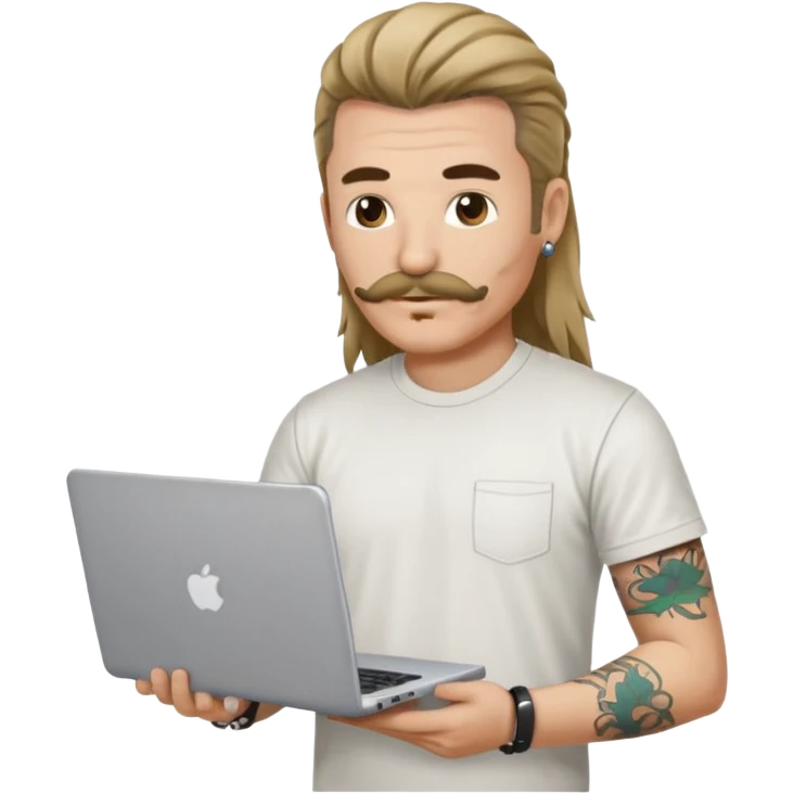 A DEVELOPER WITH A laptop, USING t-shirt, long hair,mullets style, mustache, tattoo, piercing emoji