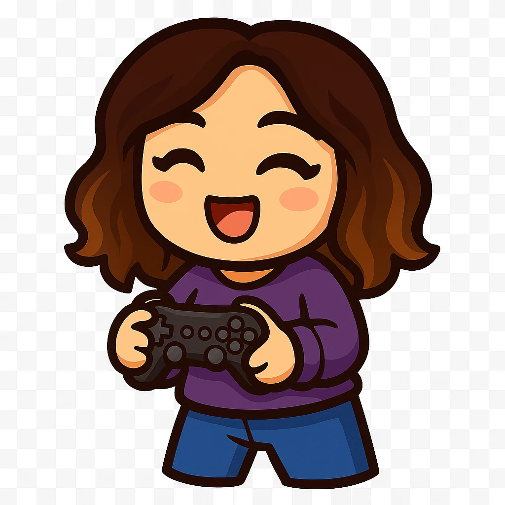 Sticker style chibi emote, matching the attached green heart emote as a base. Woman from reference, purple sweater and blue jeans, holding a game controller in a gaming pose, cute excited face, no headband, no wand, transparent background. Top color should not match jeans. emoji