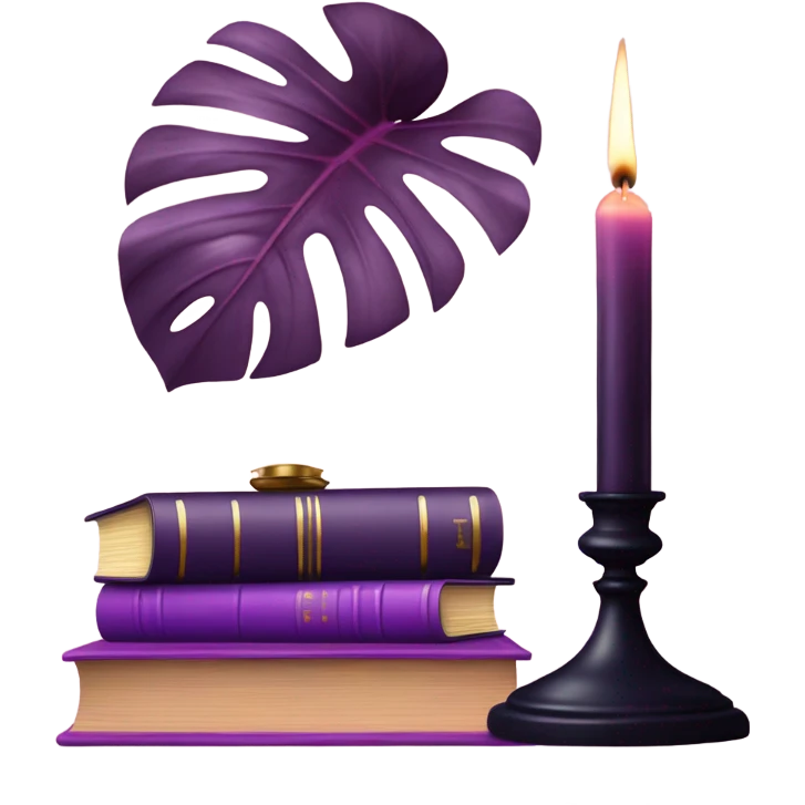 An elegant still life featuring a stack of light and dark violet books, a pink monstera plant, and a brass candle holder. emoji