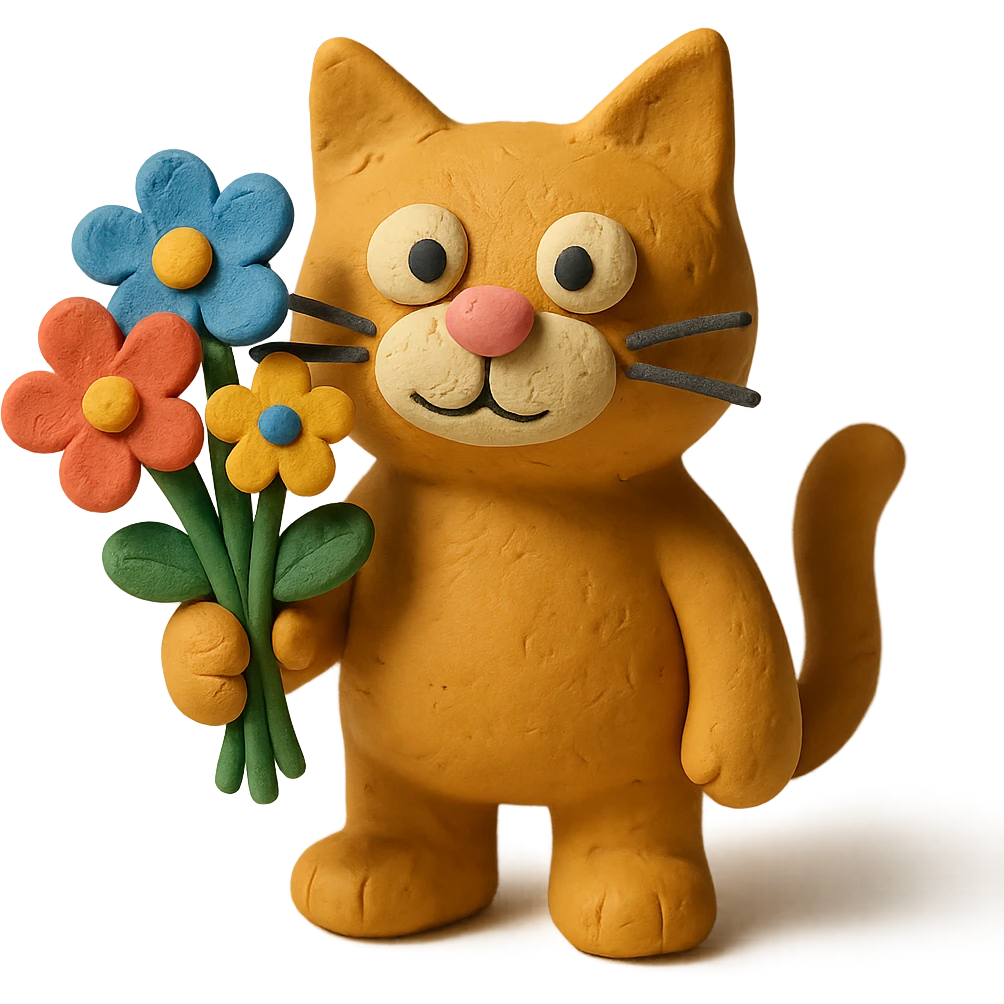 claymation style cat with flowers emoji