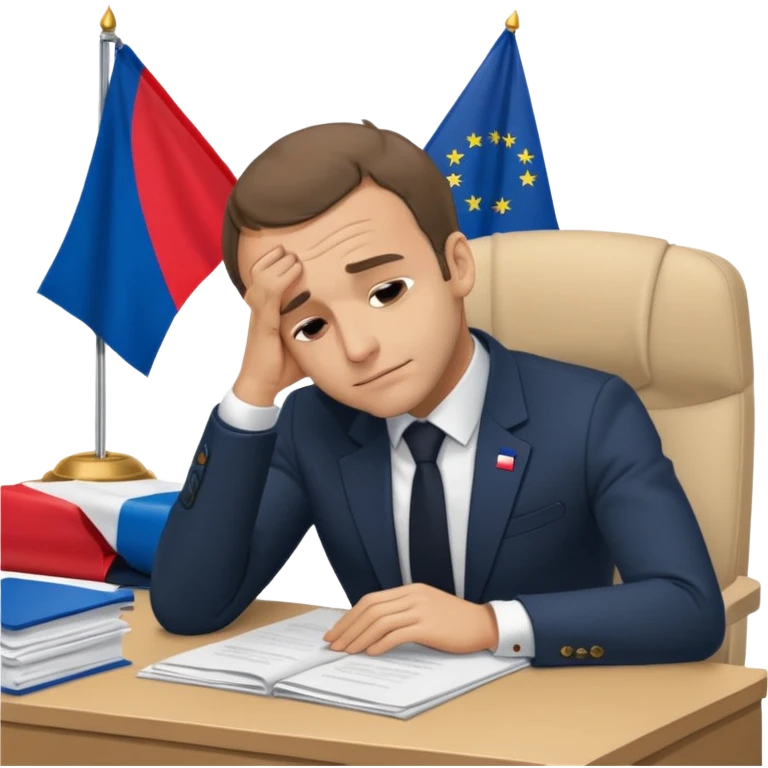 Macron dozing off at desk with papers, head resting on hand, subtle French flag detail, emoji style emoji