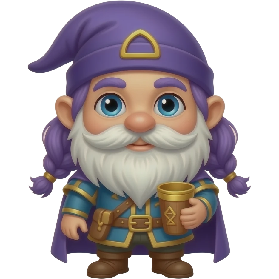 A gnome dressed in medieval bard outfit . Purple hair emoji