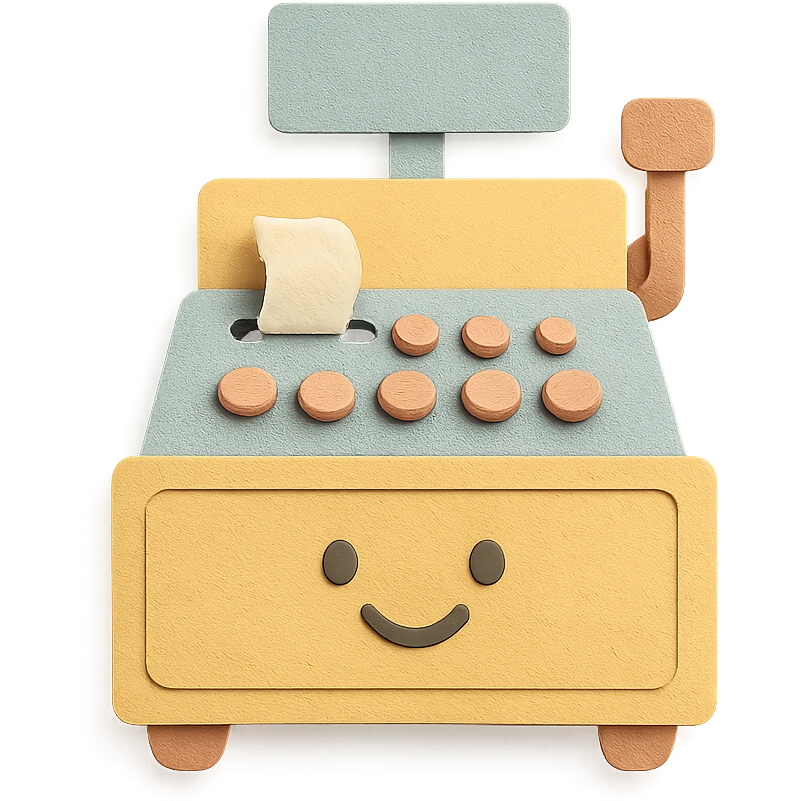 vintage cash register, full body, smiling face, soft pastel tones emoji
