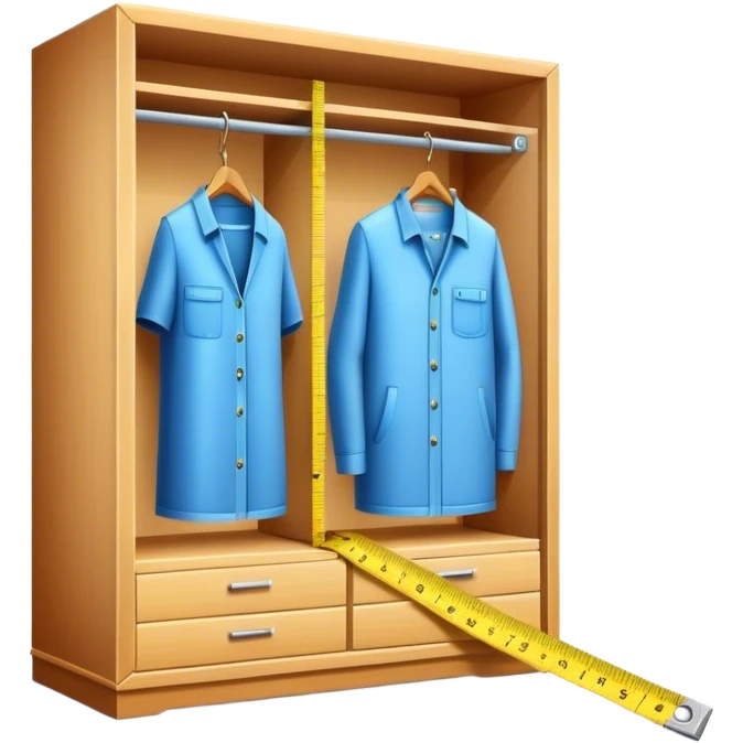 Icon for Furniture Design: a close-up of a 3D wardrobe on a blueprint, with a measuring tape next to it. The icon should represent the precision and design process of creating furniture. Transparent background. emoji