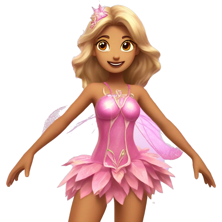 Flora the adult latina fairy of nature in her enchantix fairy pink clothing and fairy enchantix wings and long light brown hair from winx club. Lots of sparkles, feel the magic  emoji