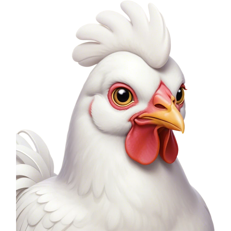 Cinematic Noble White Chicken Portrait Emoji, Poised and regal, with a compact, sturdy build and a pristine, well-groomed pure white plumage, deep-set soulful beady eyes, Simplified yet sharp and sophisticated features, highly detailed, glowing with a soft, dignified glow, high shine, intelligent and alert, stylized with an air of barnyard elegance, focused and attentive, soft glowing outline, capturing the essence of a watchful and confident fowl, so majestic it feels as though it could strut out of the screen with effortless authority! emoji
