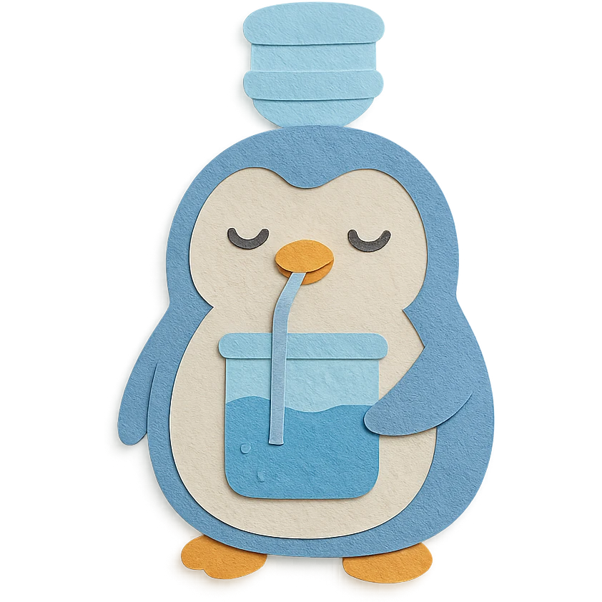 cute penguin-shaped water purifier, sipping water, content expression, pastel blue, full-body emoji