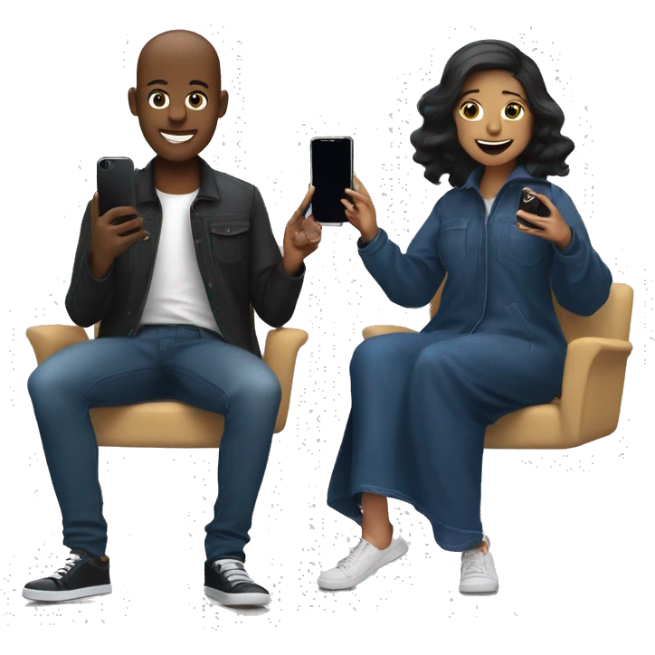 Make me an emoji of two besties sitting next to each other: one in a navy abaya looking a bit annoyed, and the other in jeans and a black jacket, smiling and holding up a phone for a selfie emoji