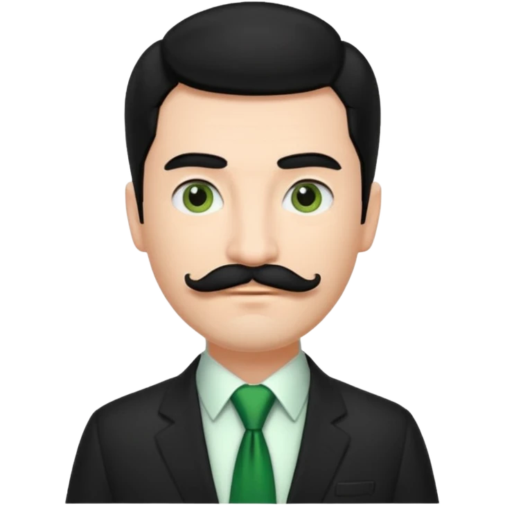 ["Fair-skinned man with black hair and a moustache, wearing a dark suit and green tie."] emoji