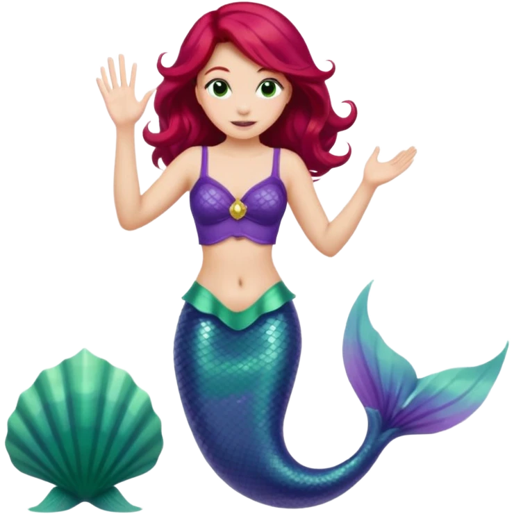 Ariel from Disney's The Little Mermaid, waving, with red hair, purple seashell top, and green mermaid tail, apple-style emoji art emoji