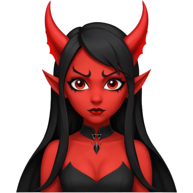 demon girl, skin red , black long hair, small horns, pointed ears, bat wing, black open-back dress, bold black outlines, red+black palette emoji