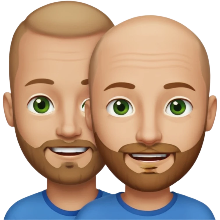 Shaved head man with dark blonde beard and blue eyes with mouth closed smile with brown haired woman with green eyes emoji