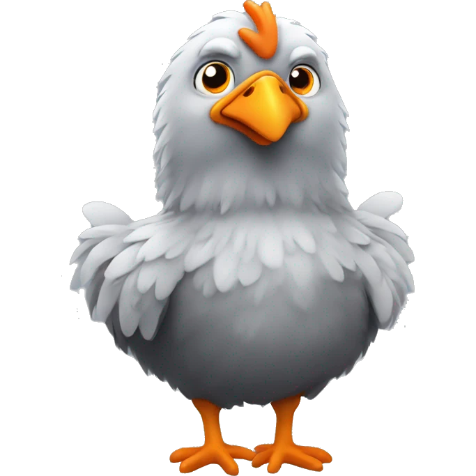 gray, fluffy chicken, with white beak and orange eyes emoji