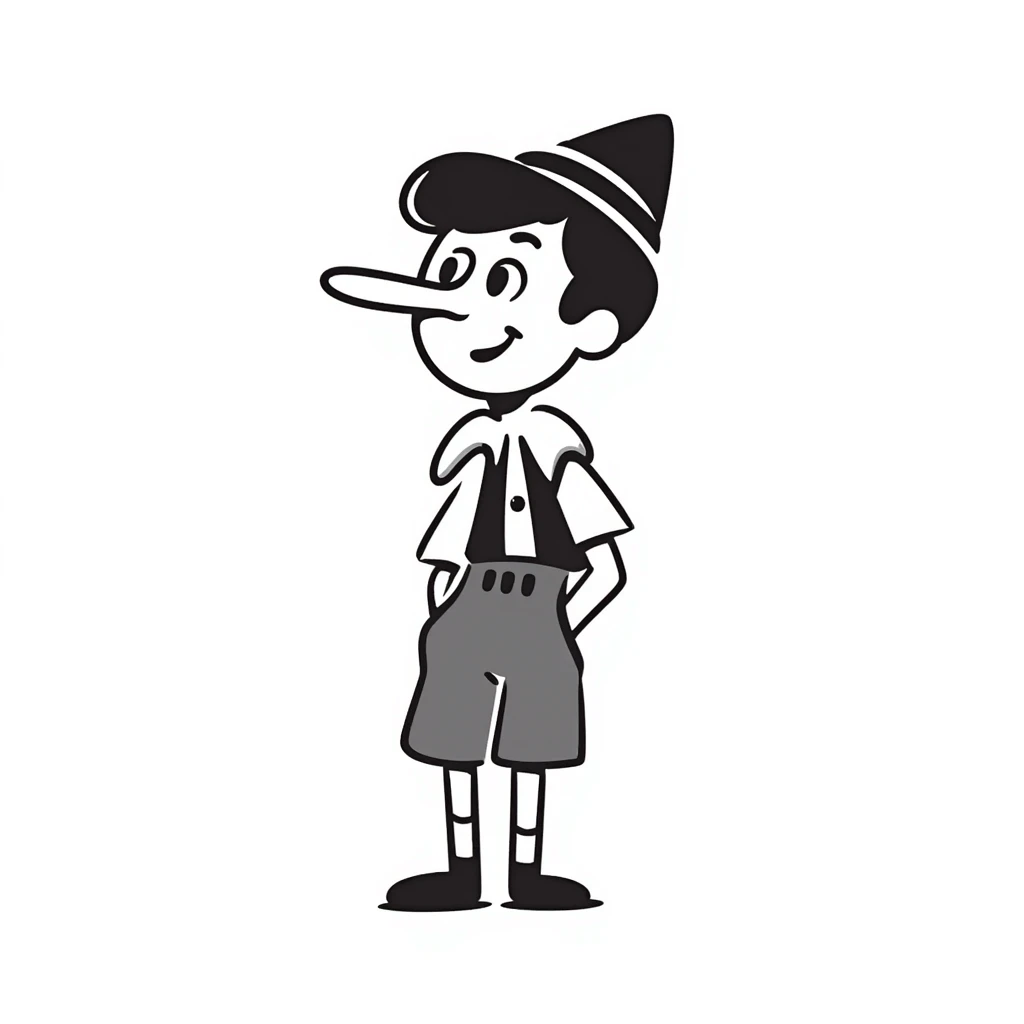 Hand-drawn Pinocchio puppet with a very long nose, wearing blue clothing and pointed hat emoji