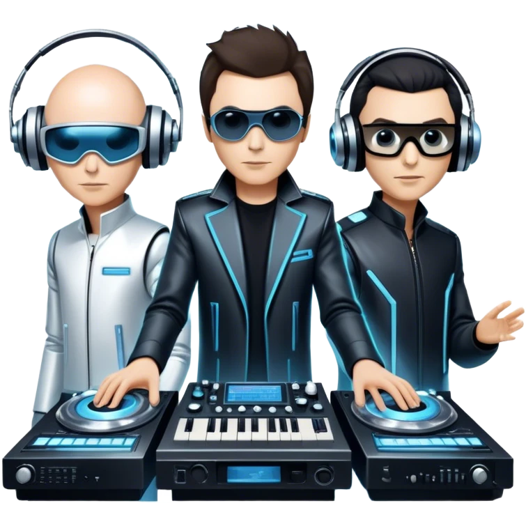 Icon for Electronic Music: Jean-Michel Jarre, Moby, DJ Tiesto, and Jorn van Deynhoven performing with synthesizers, turntables, and futuristic lighting effects. The design should evoke the vibrant and immersive atmosphere of electronic music festivals. Transparent background. emoji