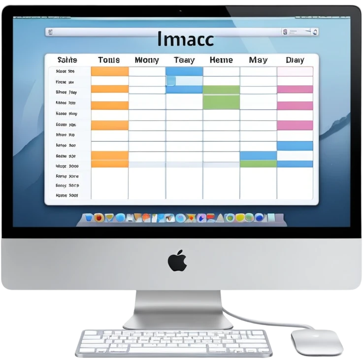 front-facing iMac showing a day schedule with vertical hours and horizontal client slots, several slots filled with color to indicate bookings emoji