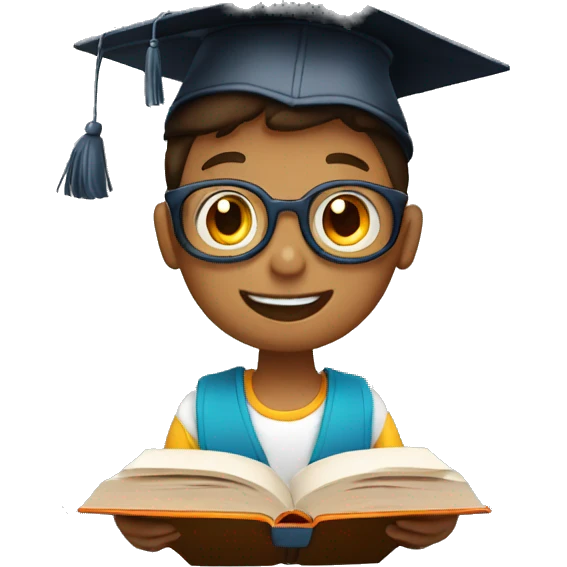 a smart boy reading book with graducation hat emoji