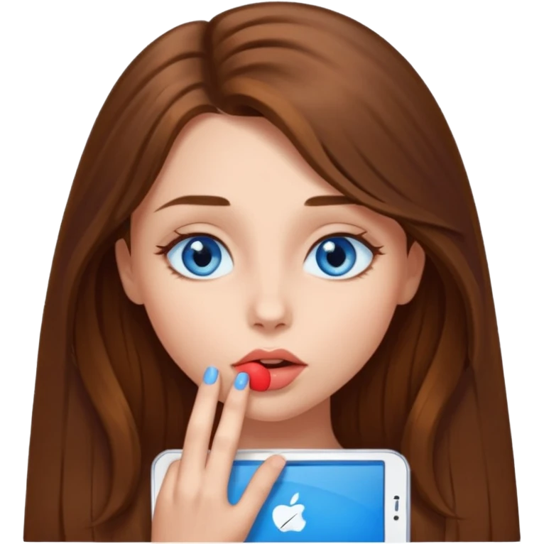 A girl with brown long hair and very blue eyes kissing the screen emoji