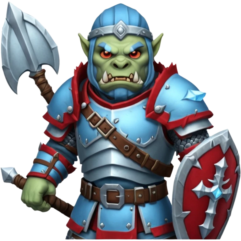 
Fantasy Christmas orc legion soldier icon, iron tundra army theme, heavy winter armor, disciplined brutal look, icy blue steel armor with deep crimson accents, frozen metal texture, cold winter atmosphere, male variant emoji