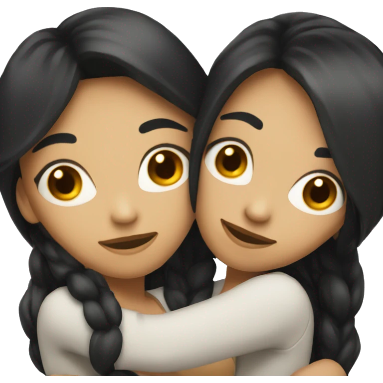 A lesbian couple with white skin and long black hair hugging intimately emoji