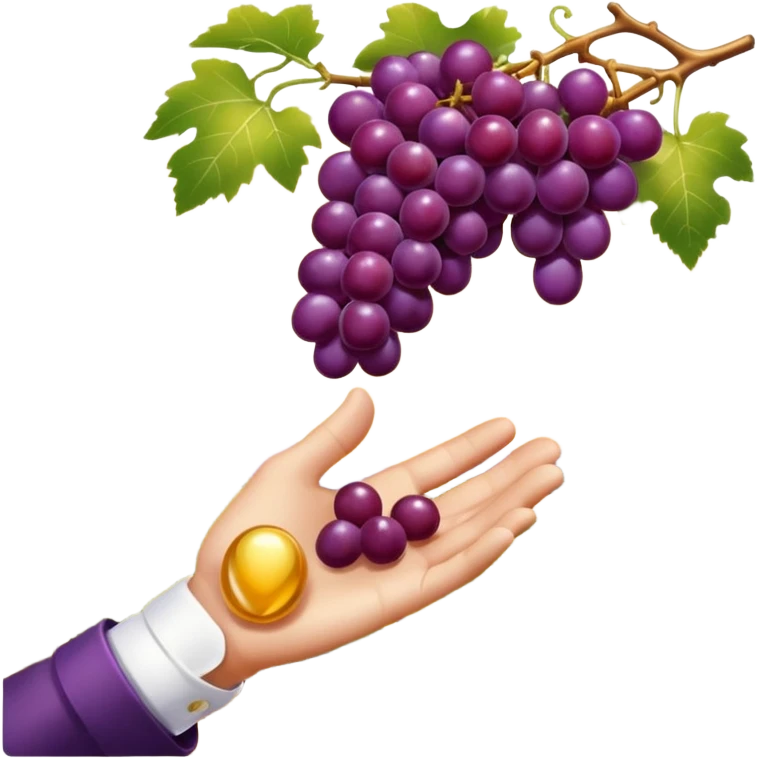 a single hand gently picking a perfectly ripe glossy purple grape from a vineyard under golden sunlight, luxury style, minimal shading, elegant emoji style emoji