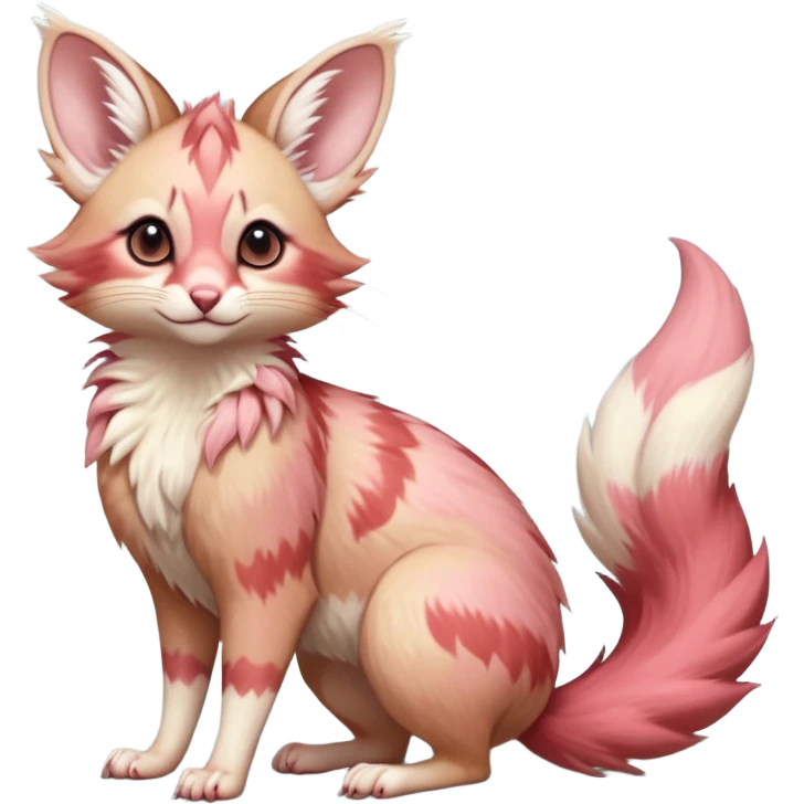 Pastel Pink, red-pointed, soft natural realistic romantic vintage antique divine beautiful elegant pretty precious cute young youthful  Fakémon-Pokémon-opossum-feline-mouse-serval-caracal-chinchilla-Minccino-Cinccino-Meowstic-rodent-hybrid-creature with a big fluffy bushy tail (full body) emoji