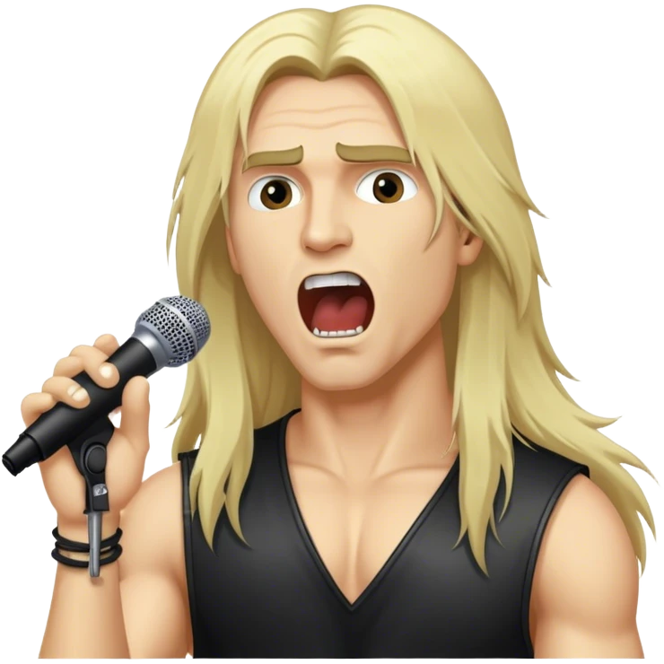 close up side view head of a male blond heavy metal rock singer with long hair singing into microphone emoji
