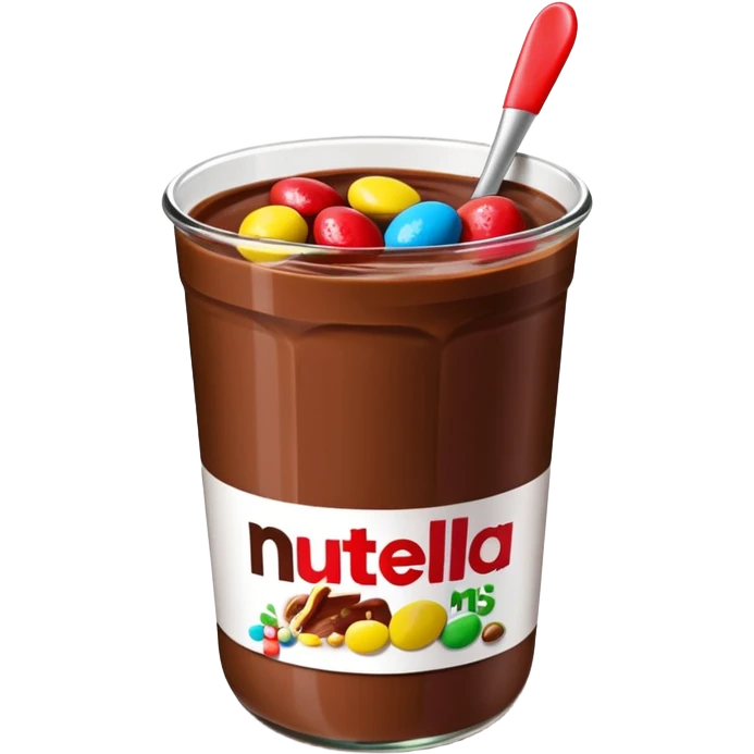 Un vaso cubierto de nutella arriba fresas y mym emoji