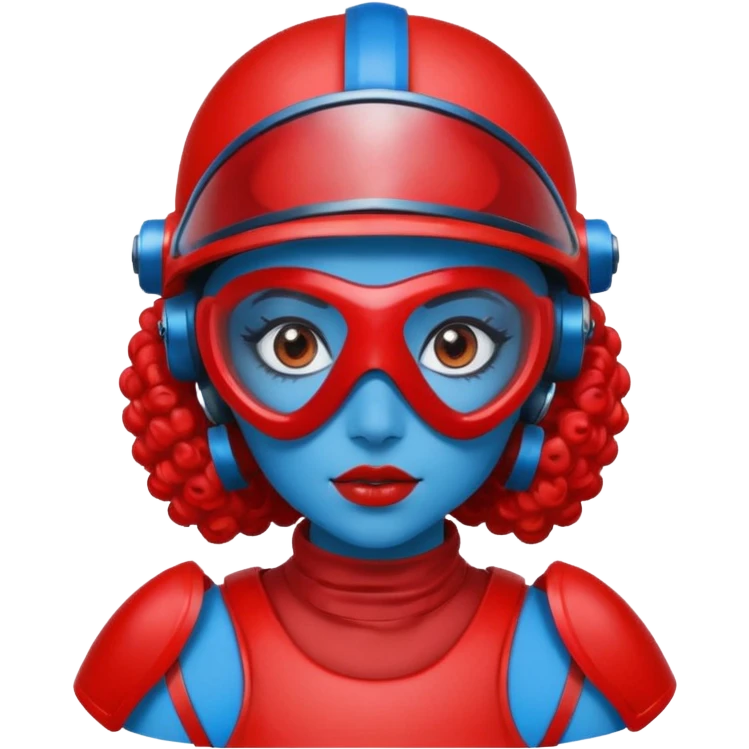 blue curly haired girl with huge earrings wearing red paintball helmet with eye protection, only face  emoji