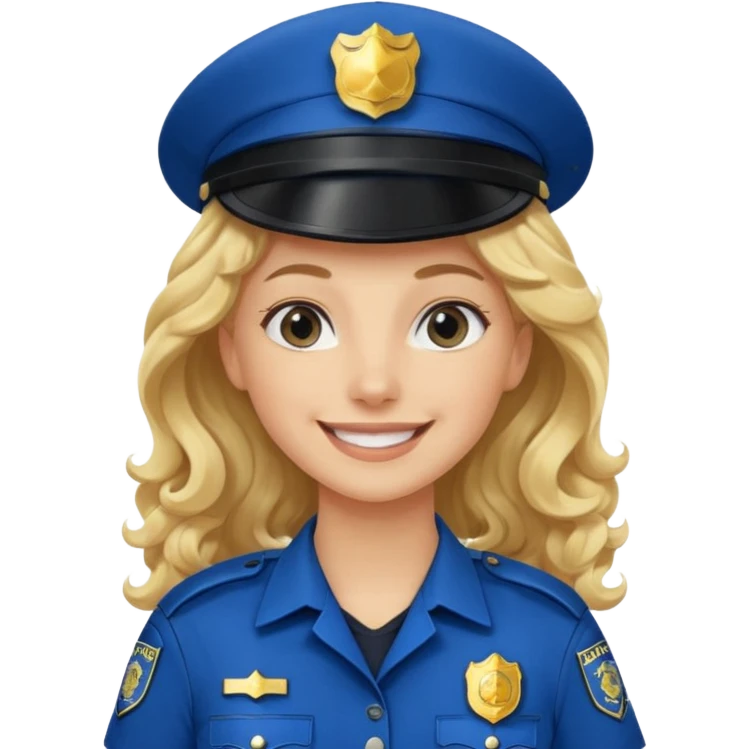 Female POLICE IN blue, long blonde curly hair, happy smile emoji