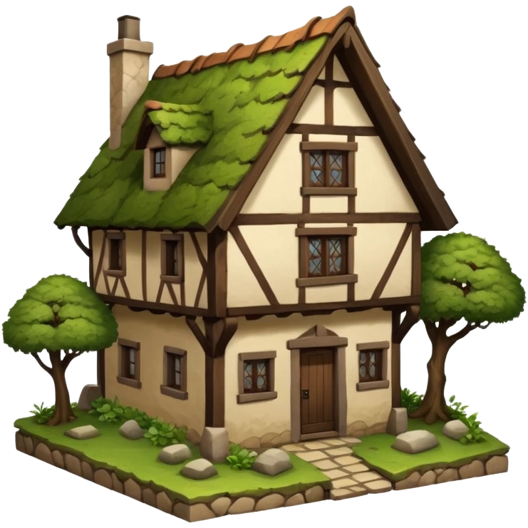 An old half-timbered village house with a tiled roof. The roof is dark brown. Moss, plants, tree emoji